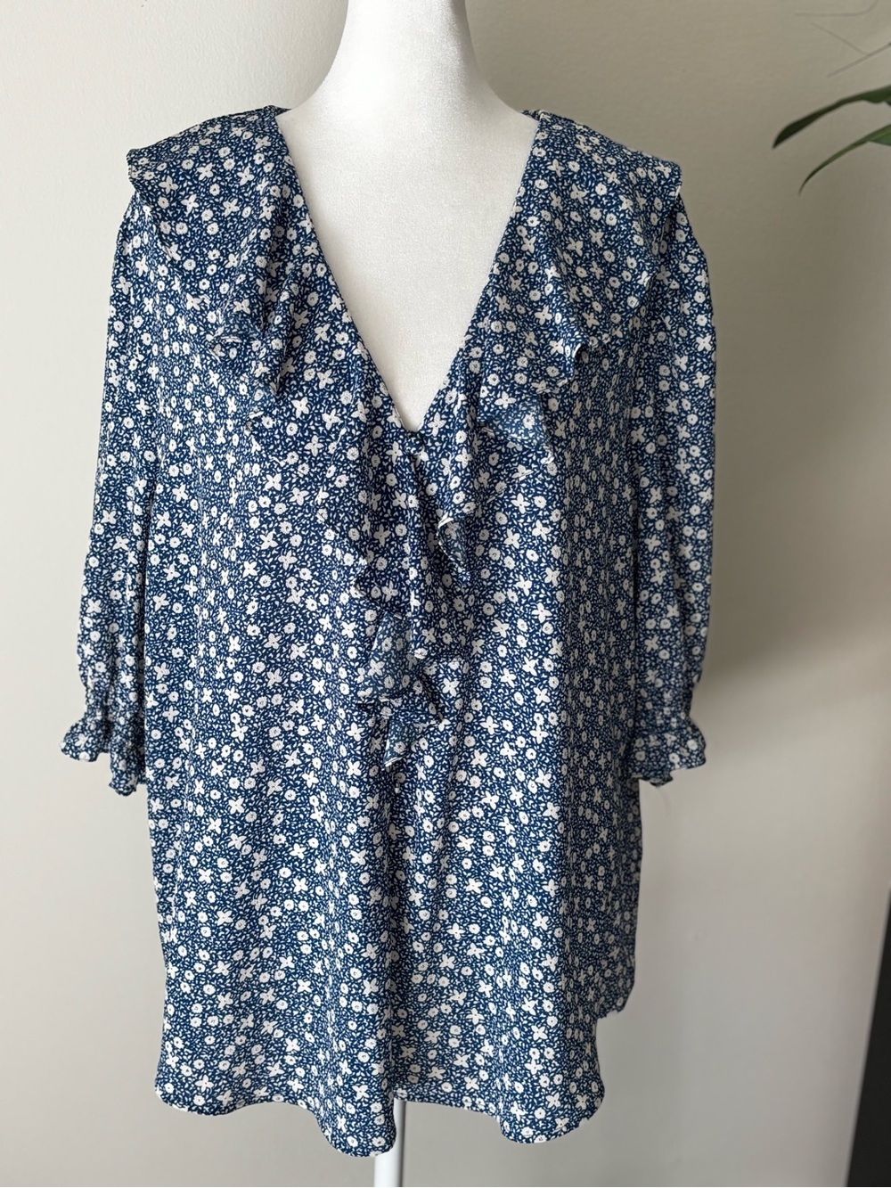 Ralph Lauren Navy Floral Ruffle V-Neck Blouse